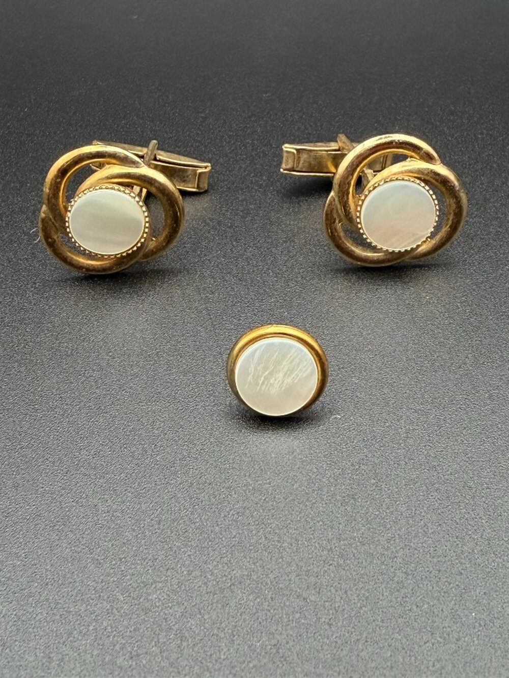 Vintage Infinity Knot Gold-Tone and Mother-of-Pearl Cuff Links and Tie Tack Set